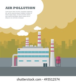 Air pollution concept. Factory building with pipes in flat. Air pollution by smoke coming out of two factory chimneys. Power plant smokestacks emitting smoke over urban cityscape. Vector illustration