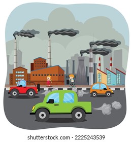 Air pollution concept with factory and carbon dioxide vector illustration. City road smog, factories smoke and industrial carbon dioxide clouds. Vehicle toxic pollution.