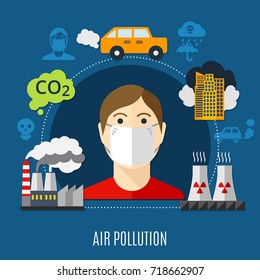 Air pollution concept with factory and carbon dioxide symbols flat vector illustration