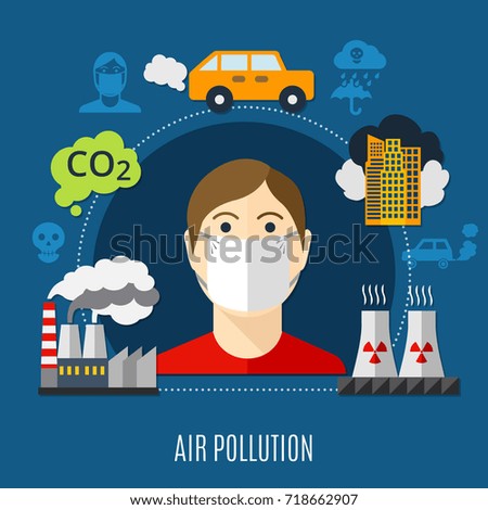Air pollution concept with factory and carbon dioxide symbols flat vector illustration