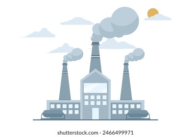 air pollution concept, factory with polluting CO2 cloud smoke isolated on white co2 dioxide emission production from factory symbol, air quality damage, flat vector illustration on white background.