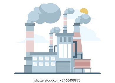 air pollution concept, factory with polluting CO2 cloud smoke isolated on white co2 dioxide emission production from factory symbol, air quality damage, flat vector illustration on white background.