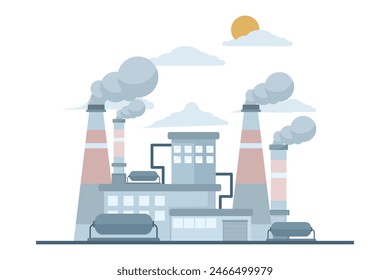 air pollution concept, factory with polluting CO2 cloud smoke isolated on white co2 dioxide emission production from factory symbol, air quality damage, flat vector illustration on white background.