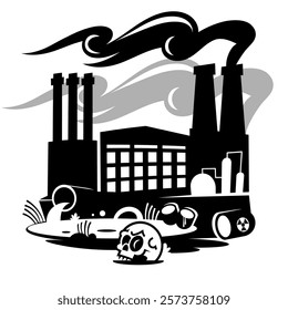 air pollution concept, factory with polluting CO2 cloud smoke isolated on white co2 dioxide emission production from factory symbol, air quality damage, flat vector illustration on white background.