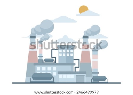 air pollution concept, factory with polluting CO2 cloud smoke isolated on white co2 dioxide emission production from factory symbol, air quality damage, flat vector illustration on white background.