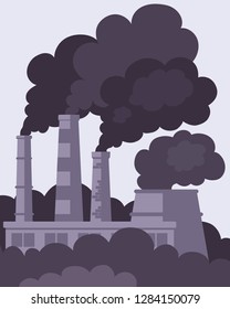 Air Pollution Concept. Factory Smokestacks. Black Smoke, Air Emissions. Flat Vector Illustration.