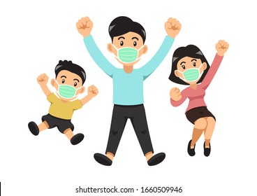 Air pollution concept family wearing protective face masks for design.