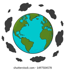 Air Pollution Concept Illustration with Hand Drawn Vector Earth .Black Clouds Spinning Around The World. 