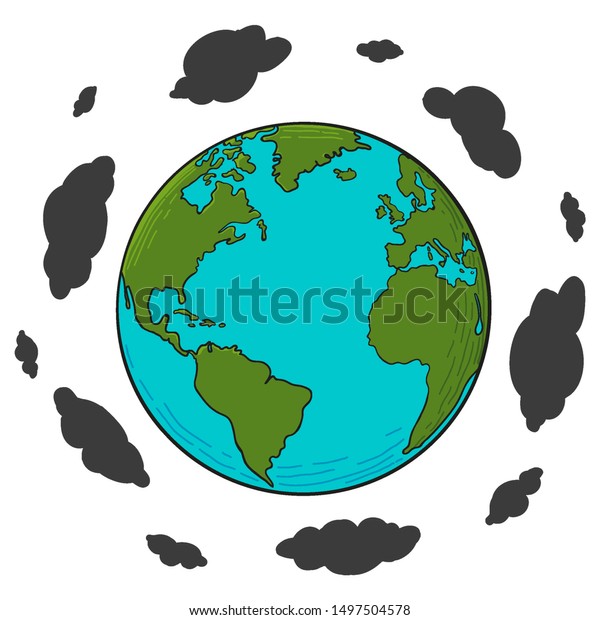 Air Pollution Concept\
Illustration with Hand Drawn Vector Earth .Black Clouds Spinning\
Around The World. 