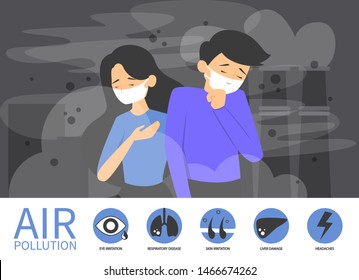 Air Pollution Concept Infographic Vector Banner. Smog In The City, Ecology And Environment Problem. Smoke From The Factory, People Protect Their Face. Effects For Health.