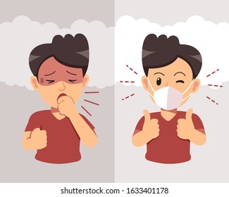 Air pollution concept man coughing and wearing protective face mask against smoke on background for design.