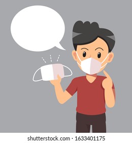 Air pollution concept man wearing protective face mask and white speech bubble for design.