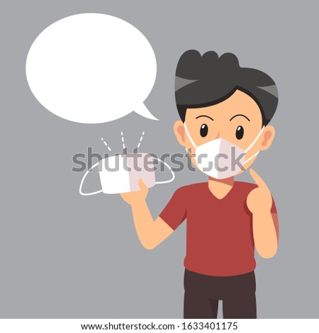Air pollution concept man wearing protective face mask and white speech bubble for design.