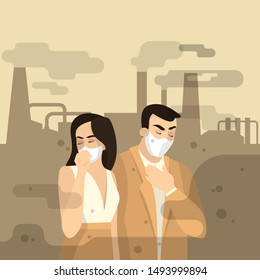 Air pollution concept. People with face mask suffering from the smog. Ecology in danger, unhealthy dust. Chimney of factory on the background. Vector illustration in cartoon style