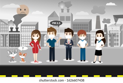 Air pollution concept, People wearing protective face masks because of fine dust PM 2.5, air pollution, industrial smog protection concept flat style design. City landscape chimneys emit smoke harmful