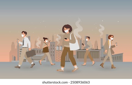 Air pollution concept with PM2.5, people are wearing face mask in urban and industry life. Cartoon illustration in flat style. 