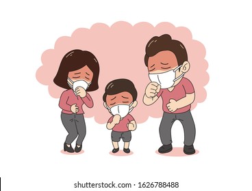 Air pollution concept sick family coughing and wearing protective face mask against smoke on background for design.