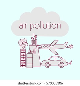Air pollution concept. Stock vector illustration of a cloud and different sources of atmosphere emissions.