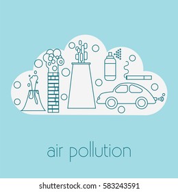 Conceito de poluição atmosférica. Ilustração do vetor de estoque de uma nuvem e diferentes fontes de emissões atmosféricas.