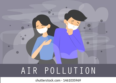 Air pollution concept vector banner. Smog in the city, ecology and environment problem. Smoke from the factory, people protect their face.