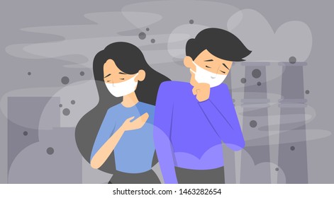 Air pollution concept vector banner. Smog in the city, ecology and environment problem. Smoke from the factory, people protect their face.