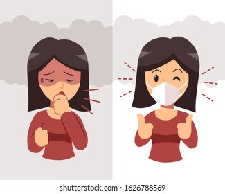 Air pollution concept woman coughing and wearing protective face mask against smoke on background for design.