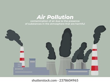 La contaminación del aire es la contaminación del aire debido a la presencia de sustancias en la atmósfera que son nocivas. Centrales eléctricas a carbón. Afiche ambientalmente amigable. Ilustración vectorial de estilo plano.