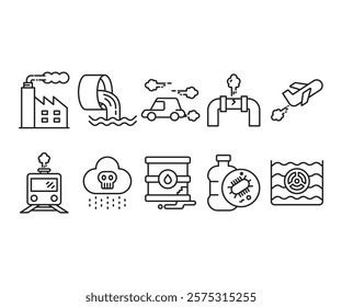 air pollution and contamination line icons set