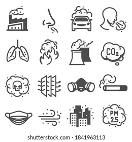 Air Pollution Control Engineering Icons, Environmental, Chemical, Civil Problems. Toxicology And Epidemiology Symbols. Vector Line Art Illustration On White Background