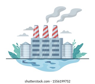 Air pollution and dirty environment danger concept. Industrial technology and manufacture process toxic smoke and pollute airand water. Ecology in danger idea. Vector illustration in cartoon style