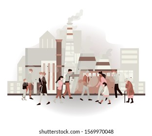 Air pollution and dirty environment danger concept. Industrial technology and manufacture process toxic smoke and pollute air. Ecology in danger idea. Vector illustration in cartoon style
