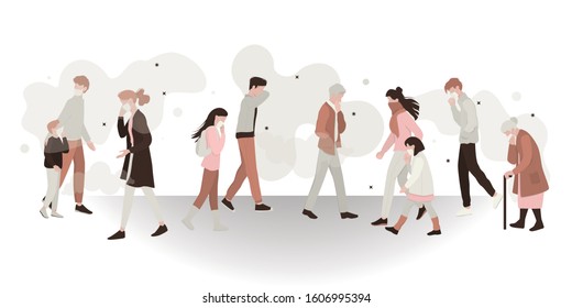 Air Pollution And Dirty Environment Danger Concept. People Wearing Mask And Breathing In Toxic Smoke. Ecology In Danger Idea. Vector Illustration In Cartoon Style