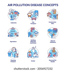 Air pollution disease concept icons set. Emission factors idea thin line RGB color illustrations. Industry. Dust, dander. Building materials, paints. Vector isolated outline drawings. Editable stroke