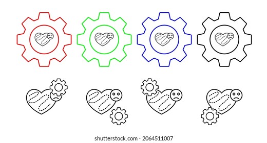 Contaminación del aire, enfermedad, icono del vector del corazón en la ilustración del conjunto de engranajes para ui y ux, sitio web o aplicación móvil
