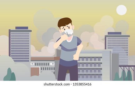 Air pollution dust cloud on sky behind city building  and man with mask ,flat design vector illustration.