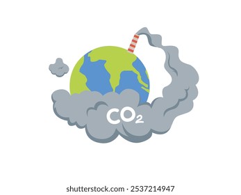 Air pollution, earth with carbon dioxide in the smoke coming out of a chimney