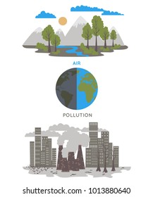 Air pollution. Ecology problem concept. Factories pollute the environment. Vector illustration