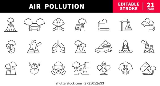 Poluição do ar linha editável ícones conjunto. esboçar símbolos de perigo ambiental