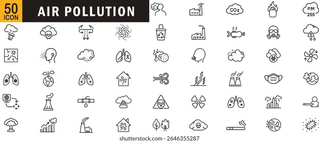 Conjunto de iconos de contorno editable de contaminación del aire. Emisiones, smog, pulmones, gases tóxicos, fábricas y más.
