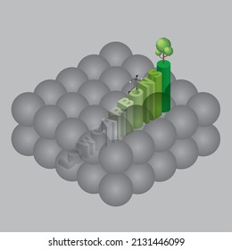 Air pollution and environmental concern concept. A man runs away from a cloud of smoke to a tree on top of text step. Smog, air quality, diaster atmosphere, PM2.5 dust, carbon dioxide, greenhouse gas.