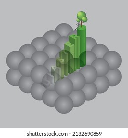 Air pollution and environmental concern concept. A man runs away from a cloud of smoke to a tree on top of text step. Smog, air quality, diaster atmosphere, PM2.5 dust, carbon dioxide, greenhouse gas.