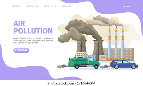 Air pollution, environmental problems web page, vector illustration. Industrial factory and car with exhaust gas contaminate urban atmosphere. Toxic smog on road by automobile ride and pipes.