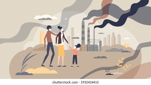 Air pollution from factories CO2 emissions in urban city tiny person concept. Family breathing in danger because of smog, bad air quality environment and carbon dioxide gas effect vector illustration.