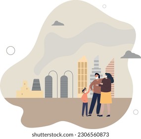 Air pollution from factories CO2 emissions in urban city .Family breathing in danger because of smog.flat vector illustration.