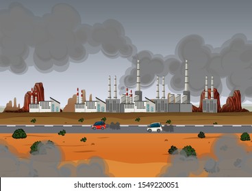 Air pollution with factory and cars  illustration
