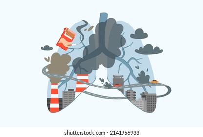 Air pollution from factory chimneys, car exhaust and cigarette smoke inside abstract human lungs vector illustration. Cartoon industrial city landscape isolated on white, environmental problem concept - Shutterstock ID 2141956933