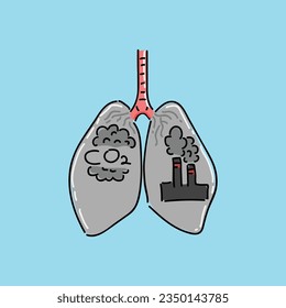 Contaminación del aire por chimeneas de fábricas, en el interior de la ilustración vectorial de pulmones humanos abstractos. El paisaje de la ciudad industrial de caricatura aislado en azul, concepto de problema ambiental