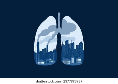 Air pollution from factory chimneys,  smoke inside abstract human lungs vector illustration. Cartoon industrial city landscape, environmental problem concept vector illustration