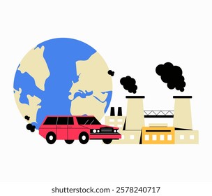 Air Pollution, Factory Emissions, And Environmental Impact In Flat Vector Illustration Symbolizing Climate Change, Industrial Pollution, And Carbon Emissions, Isolated On White Background.