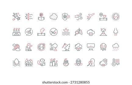 Air pollution, filter of purifier and N95 mask, smog control line icon set. Ozone layer, bad smell and dirty air of emissions, toxic gas leak thin black and red outline symbols vector illustration
